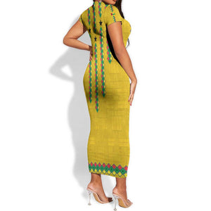 Guinea Bissau Short Sleeve Bodycon Dress Yellow Tribal Geometric Design and National Flag - African Pride