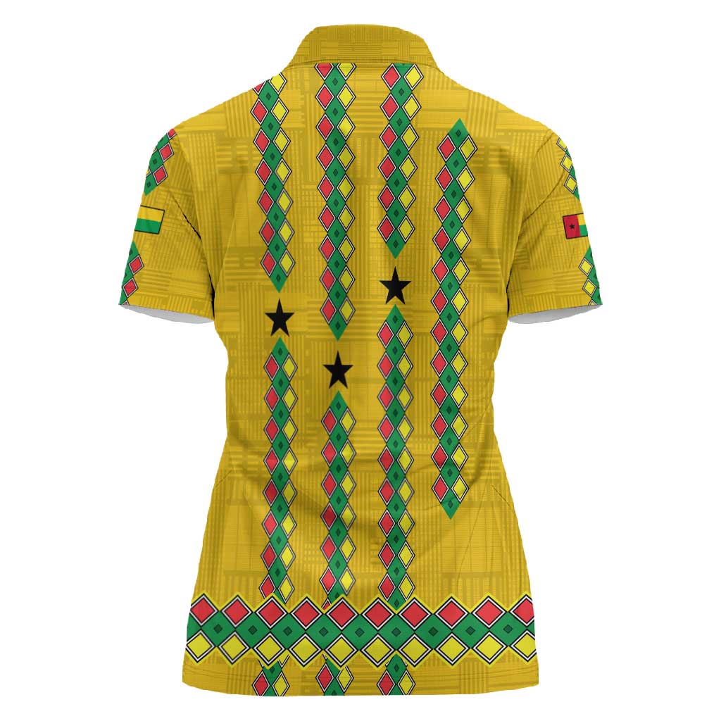 Guinea Bissau Women Polo Shirt Yellow Tribal Geometric Design and National Flag - African Pride
