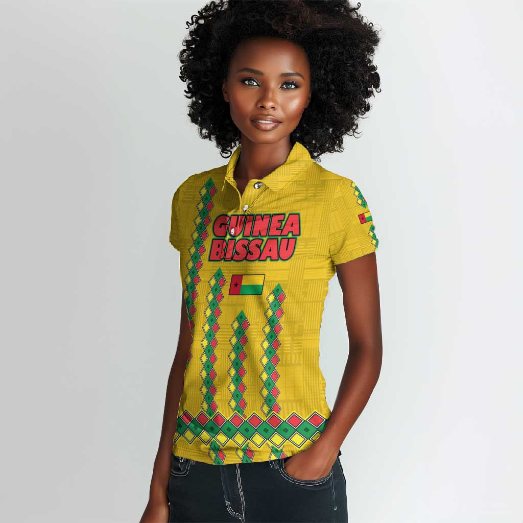 Guinea Bissau Women Polo Shirt Yellow Tribal Geometric Design and National Flag - African Pride