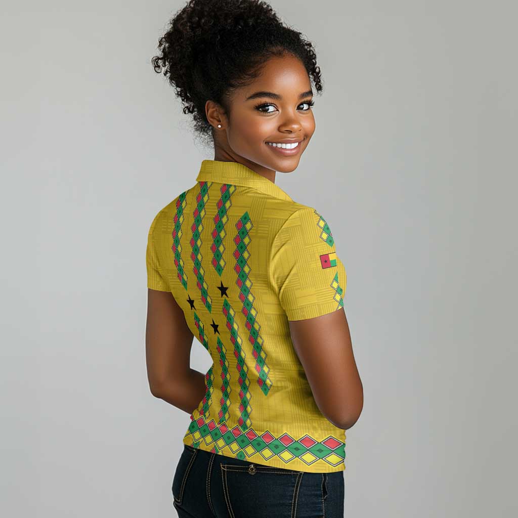 Guinea Bissau Women Polo Shirt Yellow Tribal Geometric Design and National Flag - African Pride