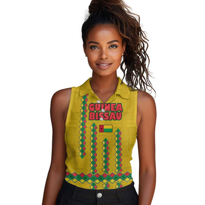Guinea Bissau Women Sleeveless Polo Shirt Yellow Tribal Geometric Design and National Flag - African Pride