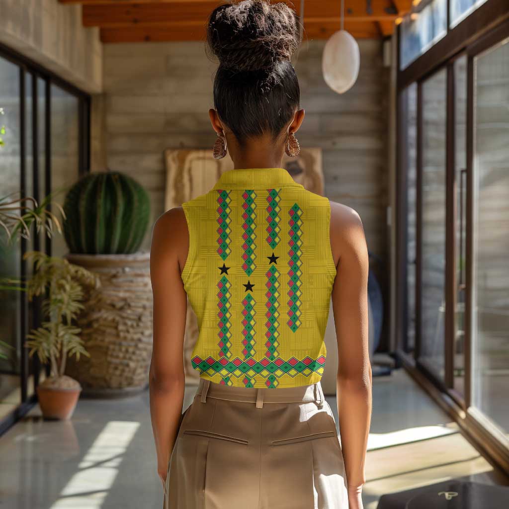 Guinea Bissau Women Sleeveless Polo Shirt Yellow Tribal Geometric Design and National Flag - African Pride