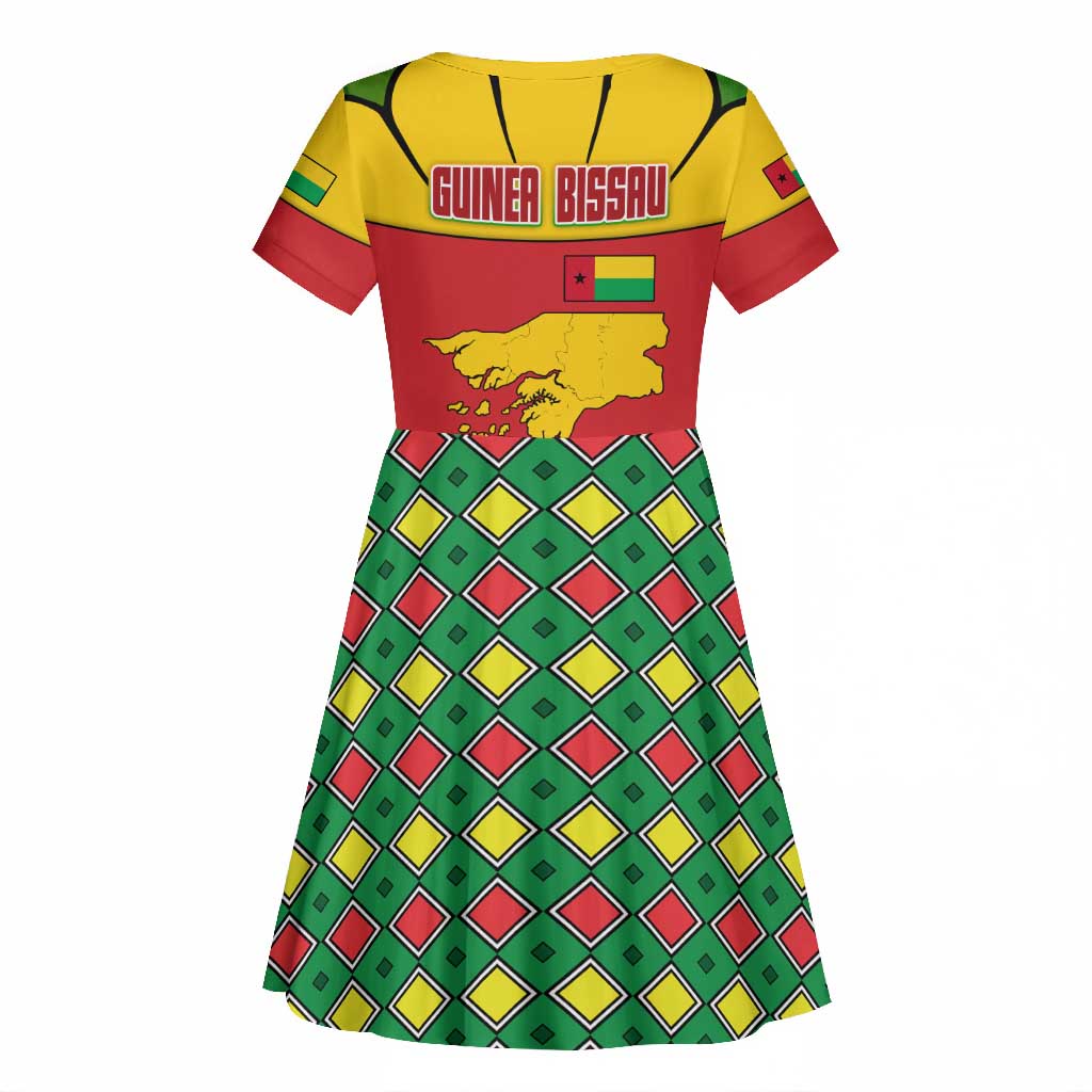 Guinea Bissau Kid Short Sleeve Dress Red Yellow Green Geometric - African Pride