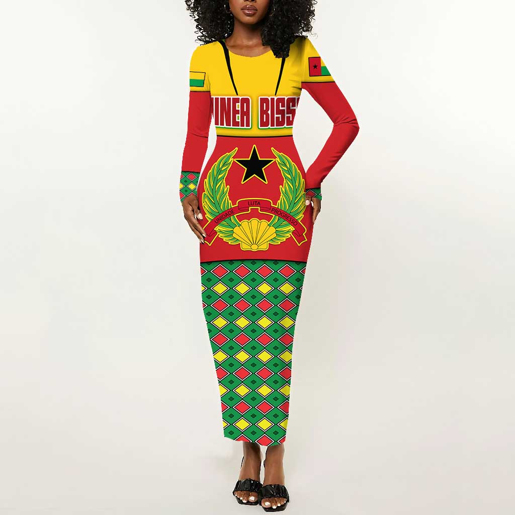Guinea Bissau Long Sleeve Bodycon Dress Red Yellow Green Geometric - African Pride