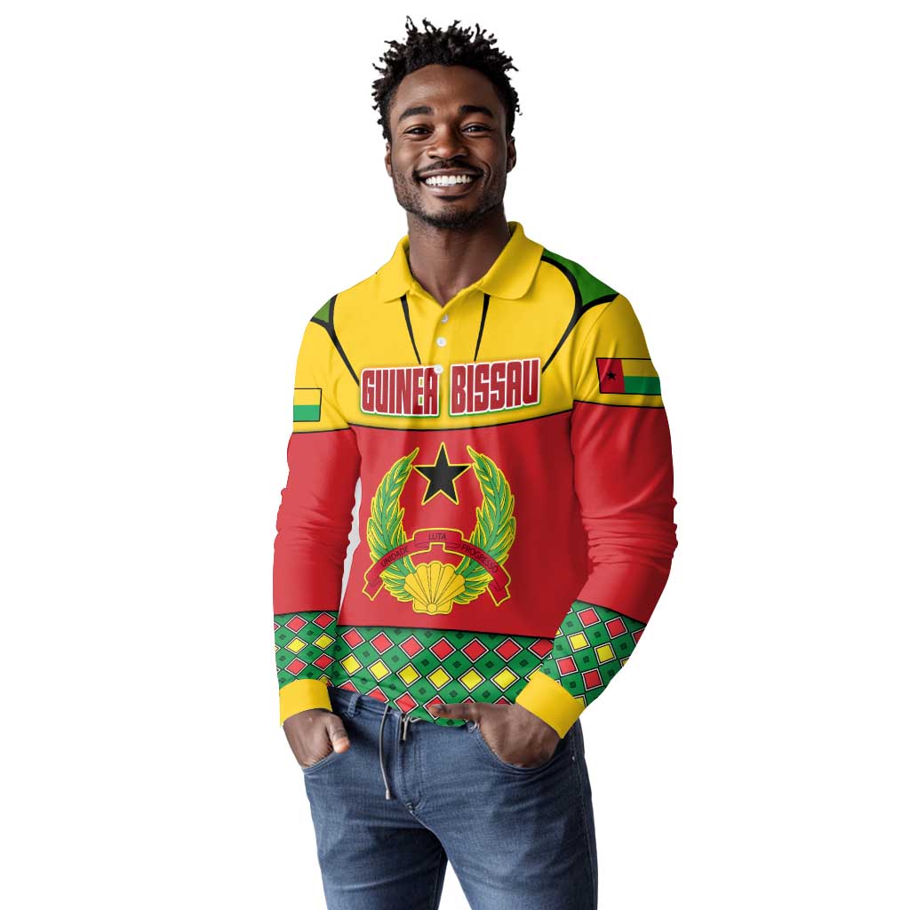 Guinea Bissau Long Sleeve Polo Shirt Red Yellow Green Geometric - African Pride