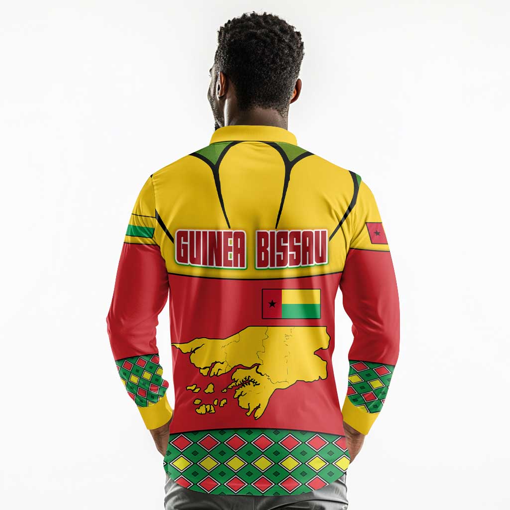 Guinea Bissau Long Sleeve Polo Shirt Red Yellow Green Geometric - African Pride