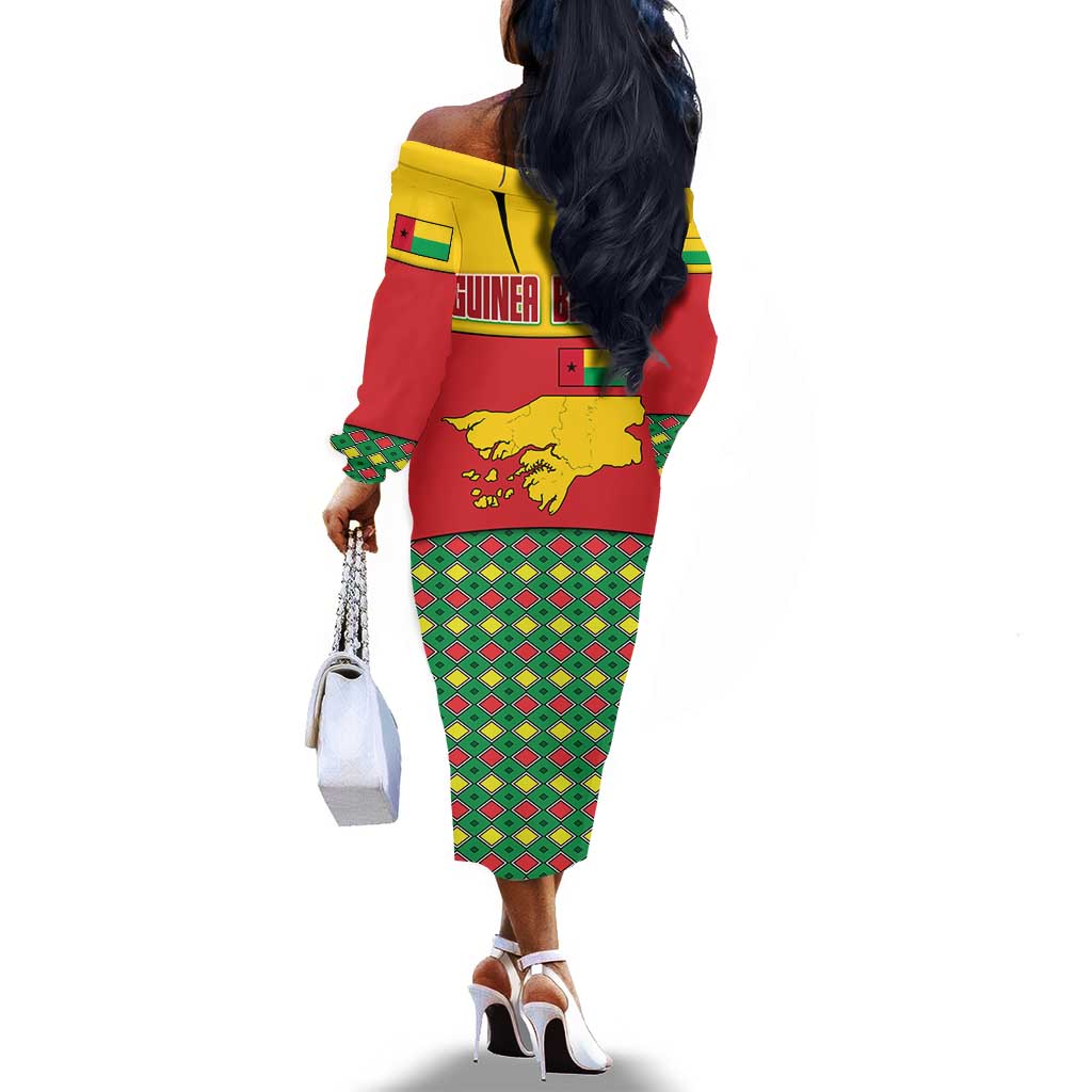 Guinea Bissau Off The Shoulder Long Sleeve Dress Red Yellow Green Geometric - African Pride