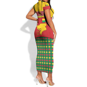 Guinea Bissau Short Sleeve Bodycon Dress Red Yellow Green Geometric - African Pride
