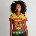 Guinea Bissau Women V-Neck T-Shirt Red Yellow Green Geometric - African Pride