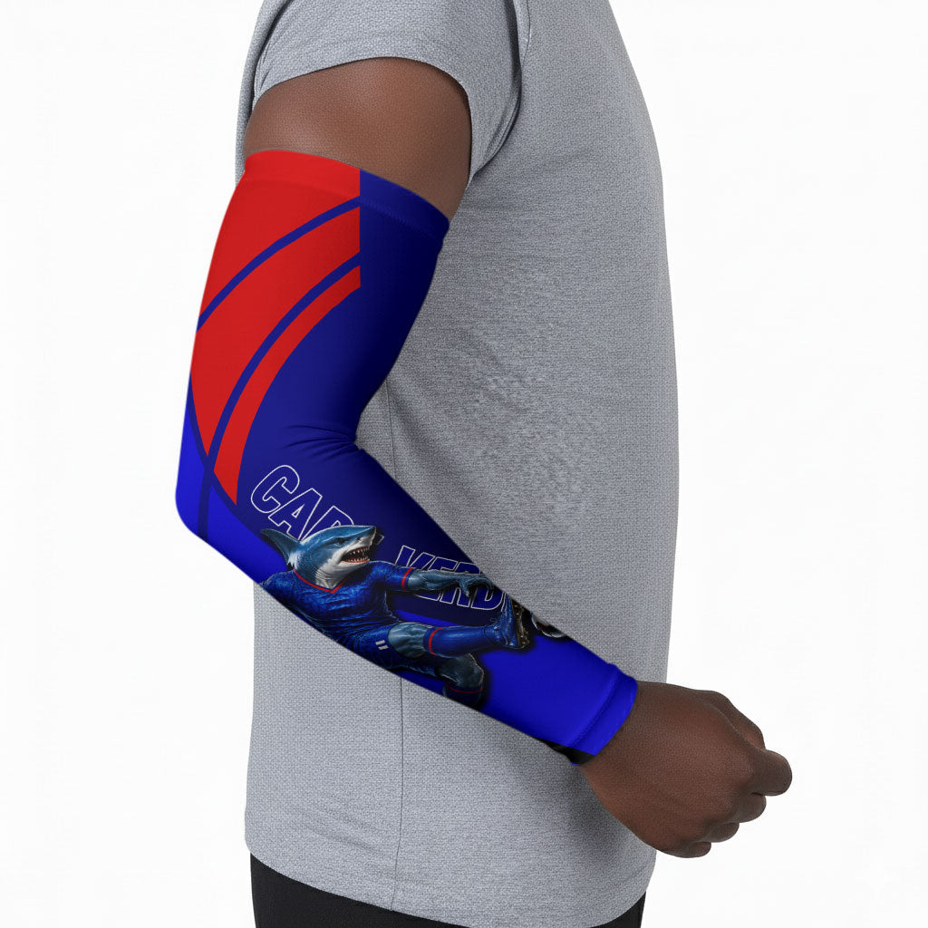 Personalized Cape Verde Soccer Shark Mascot Arm Sleeves Blue Sharks Football Player Dynamic Graphic