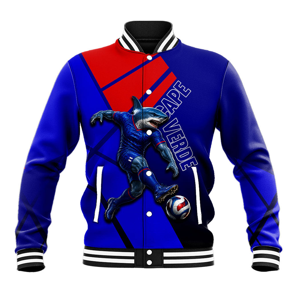 Personalized Cape Verde Soccer Shark Mascot Baseball Jacket Blue Sharks Football Player Dynamic Graphic