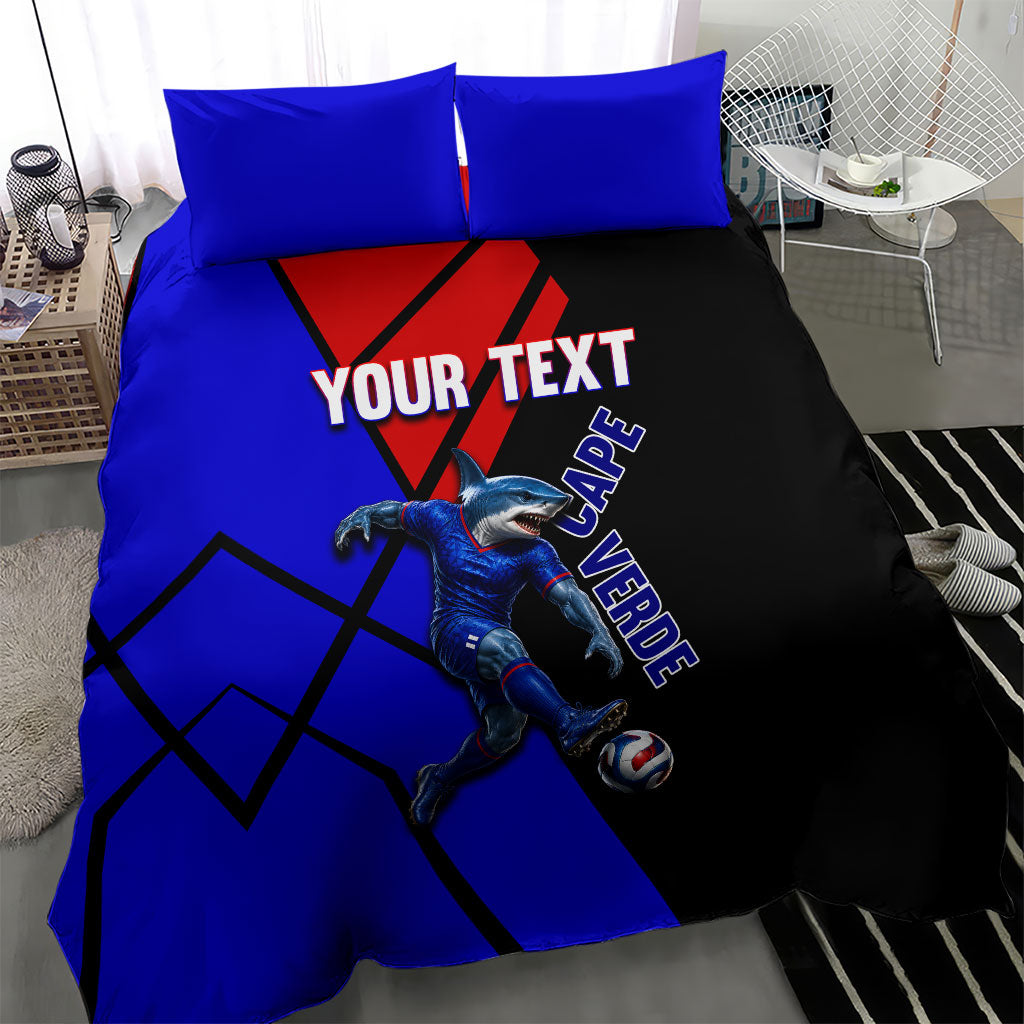 Personalized Cape Verde Soccer Shark Mascot Bedding Set Blue Sharks Football Player Dynamic Graphic