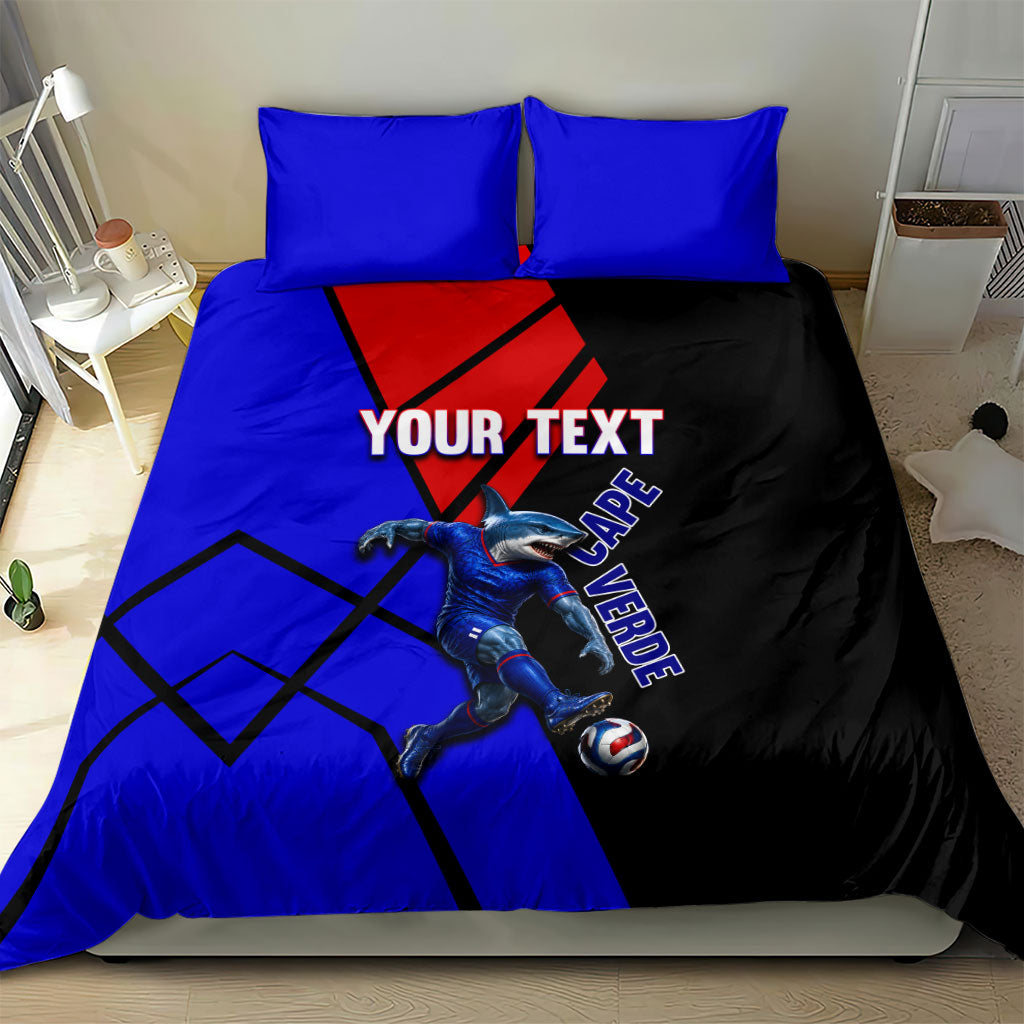 Personalized Cape Verde Soccer Shark Mascot Bedding Set Blue Sharks Football Player Dynamic Graphic