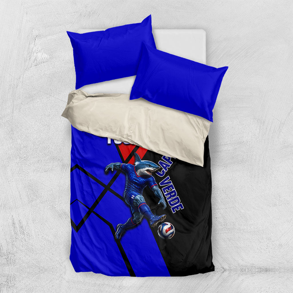 Personalized Cape Verde Soccer Shark Mascot Bedding Set Blue Sharks Football Player Dynamic Graphic