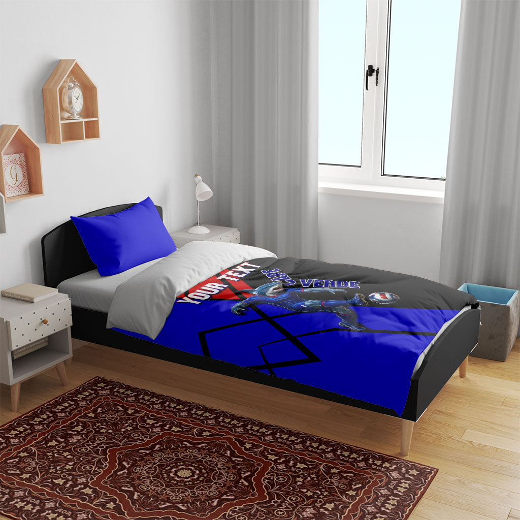 Personalized Cape Verde Soccer Shark Mascot Bedding Set Blue Sharks Football Player Dynamic Graphic