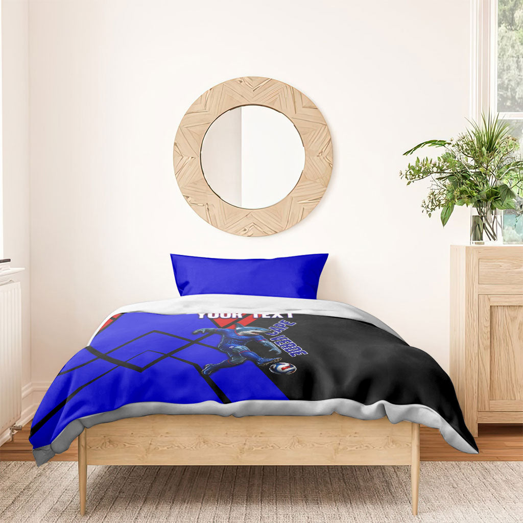 Personalized Cape Verde Soccer Shark Mascot Bedding Set Blue Sharks Football Player Dynamic Graphic