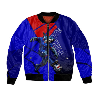 Personalized Cape Verde Soccer Shark Mascot Bomber Jacket Blue Sharks Football Player Dynamic Graphic