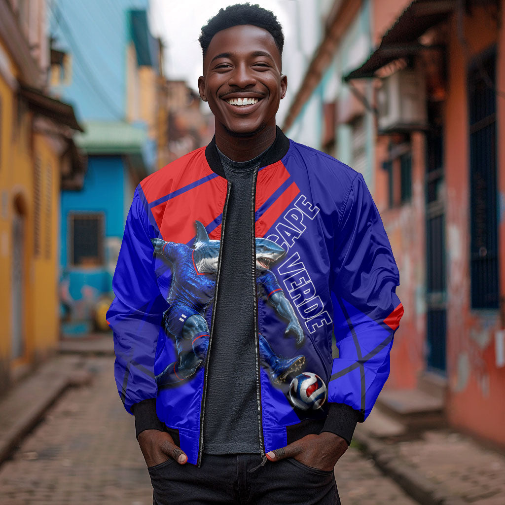 Personalized Cape Verde Soccer Shark Mascot Bomber Jacket Blue Sharks Football Player Dynamic Graphic