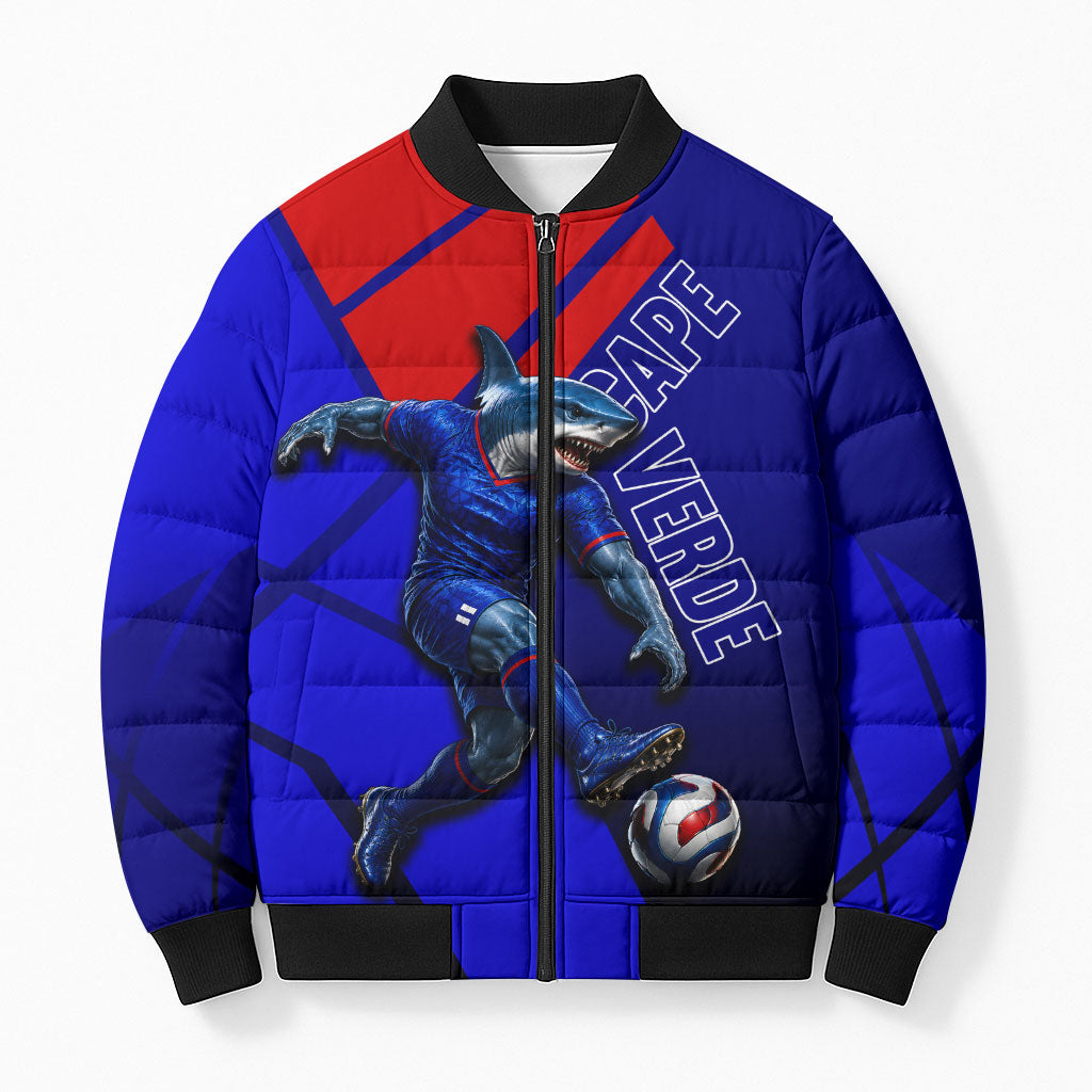 Personalized Cape Verde Soccer Shark Mascot Bomber Puffer Jacket Blue Sharks Football Player Dynamic Graphic