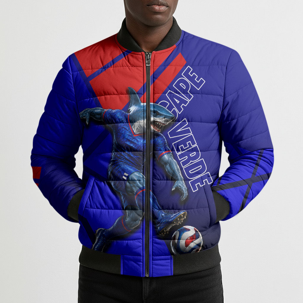 Personalized Cape Verde Soccer Shark Mascot Bomber Puffer Jacket Blue Sharks Football Player Dynamic Graphic
