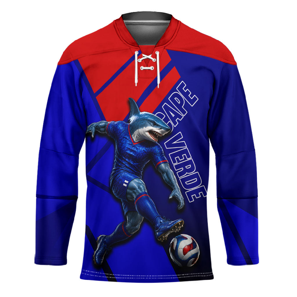 Personalized Cape Verde Soccer Shark Mascot Hockey Jersey Blue Sharks Football Player Dynamic Graphic