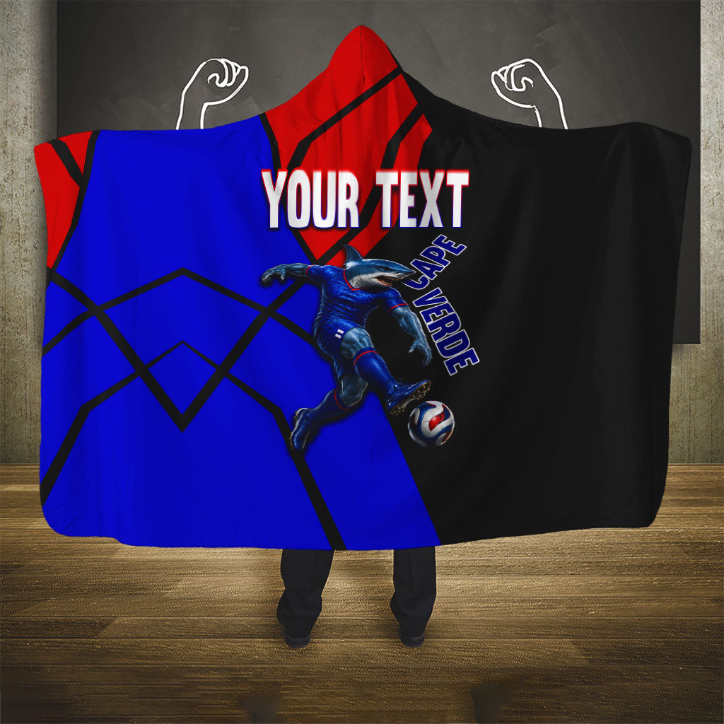 Personalized Cape Verde Soccer Shark Mascot Hooded Blanket Blue Sharks Football Player Dynamic Graphic
