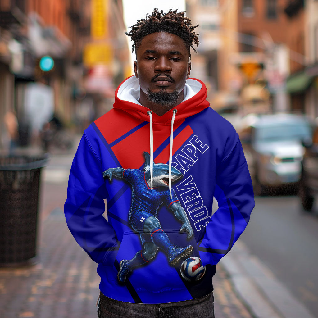 Personalized Cape Verde Soccer Shark Mascot Hoodie Blue Sharks Football Player Dynamic Graphic