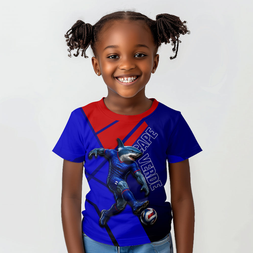 Personalized Cape Verde Soccer Shark Mascot Kid T shirt Blue Sharks Football Player Dynamic Graphic