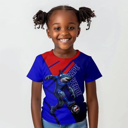 Personalized Cape Verde Soccer Shark Mascot Kid T shirt Blue Sharks Football Player Dynamic Graphic