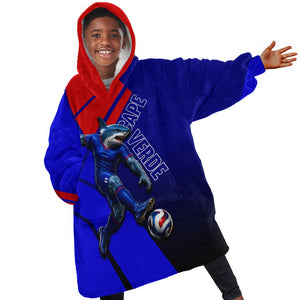 Personalized Cape Verde Soccer Shark Mascot Kid Wearable Blanket Hoodie Blue Sharks Football Player Dynamic Graphic