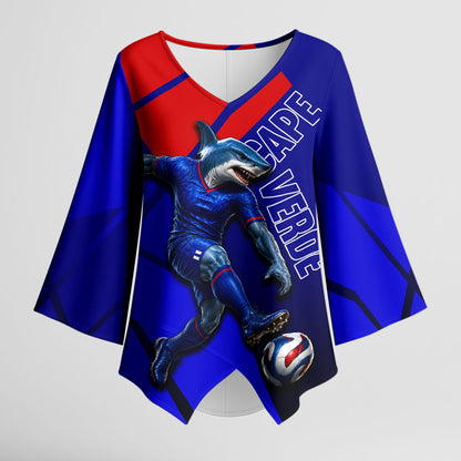 Personalized Cape Verde Soccer Shark Mascot Kimono Sleeve Blouse Blue Sharks Football Player Dynamic Graphic