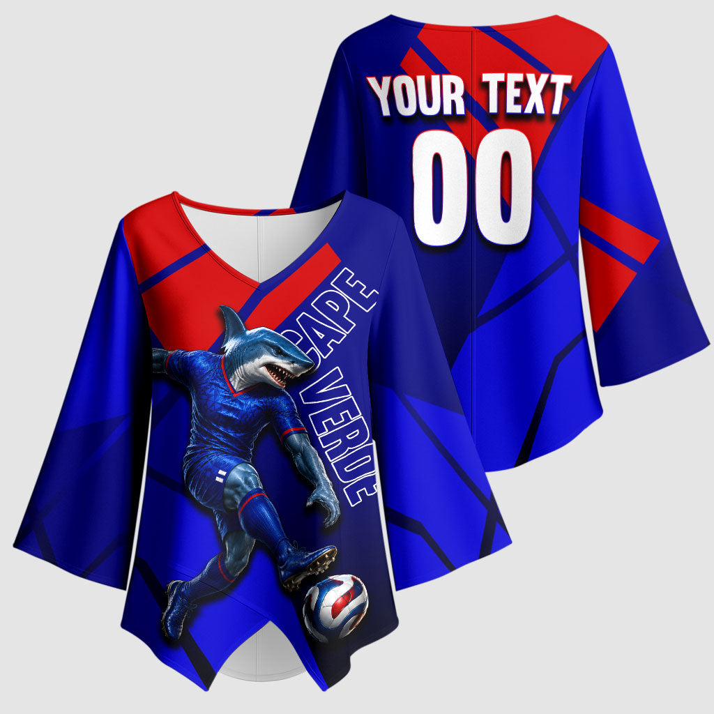 Personalized Cape Verde Soccer Shark Mascot Kimono Sleeve Blouse Blue Sharks Football Player Dynamic Graphic