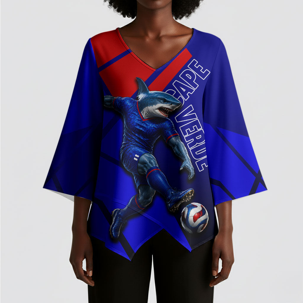 Personalized Cape Verde Soccer Shark Mascot Kimono Sleeve Blouse Blue Sharks Football Player Dynamic Graphic