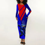 Personalized Cape Verde Soccer Shark Mascot Long Sleeve Bodycon Dress Blue Sharks Football Player Dynamic Graphic