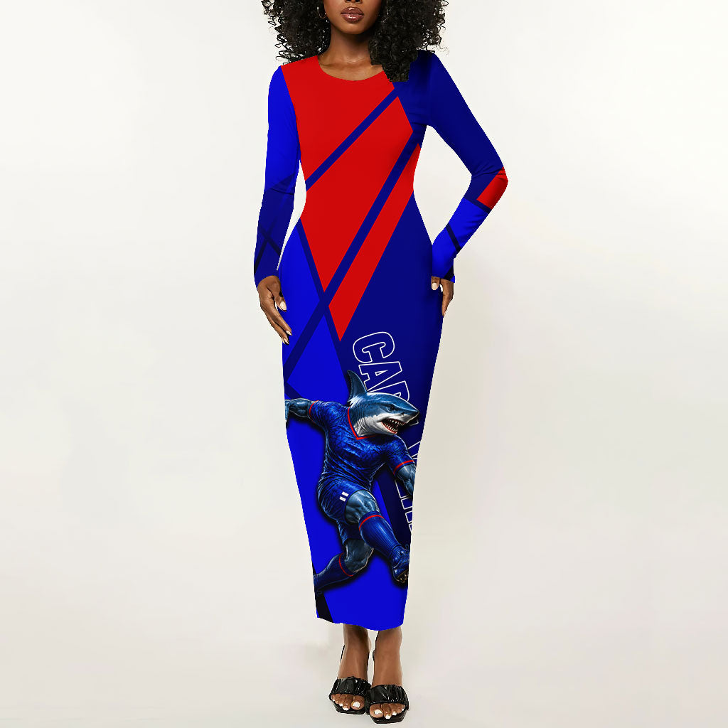 Personalized Cape Verde Soccer Shark Mascot Long Sleeve Bodycon Dress Blue Sharks Football Player Dynamic Graphic