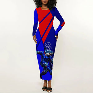 Personalized Cape Verde Soccer Shark Mascot Long Sleeve Bodycon Dress Blue Sharks Football Player Dynamic Graphic