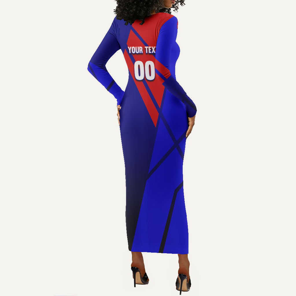 Personalized Cape Verde Soccer Shark Mascot Long Sleeve Bodycon Dress Blue Sharks Football Player Dynamic Graphic