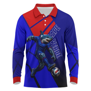 Personalized Cape Verde Soccer Shark Mascot Long Sleeve Polo Shirt Blue Sharks Football Player Dynamic Graphic