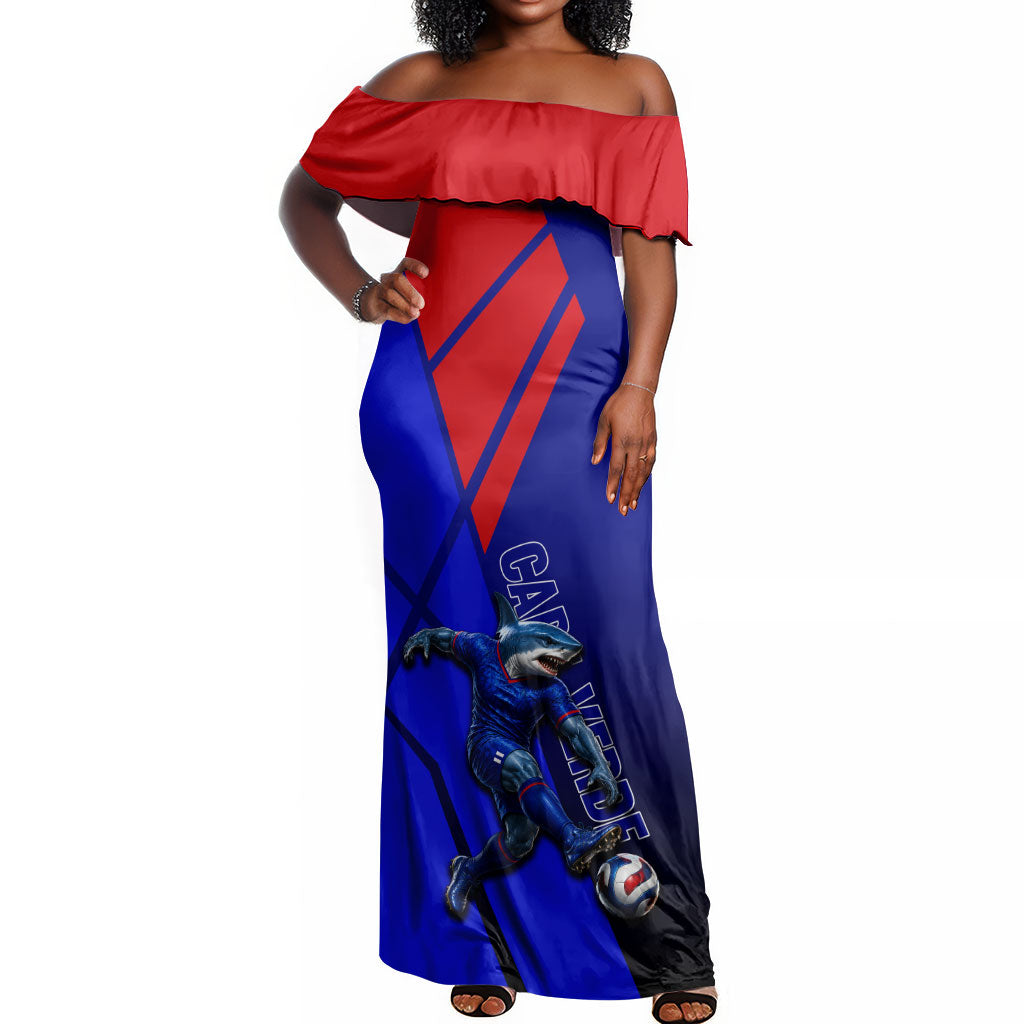 Personalized Cape Verde Soccer Shark Mascot Off Shoulder Maxi Dress Blue Sharks Football Player Dynamic Graphic