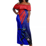 Personalized Cape Verde Soccer Shark Mascot Off Shoulder Maxi Dress Blue Sharks Football Player Dynamic Graphic