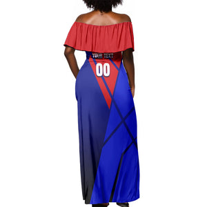 Personalized Cape Verde Soccer Shark Mascot Off Shoulder Maxi Dress Blue Sharks Football Player Dynamic Graphic