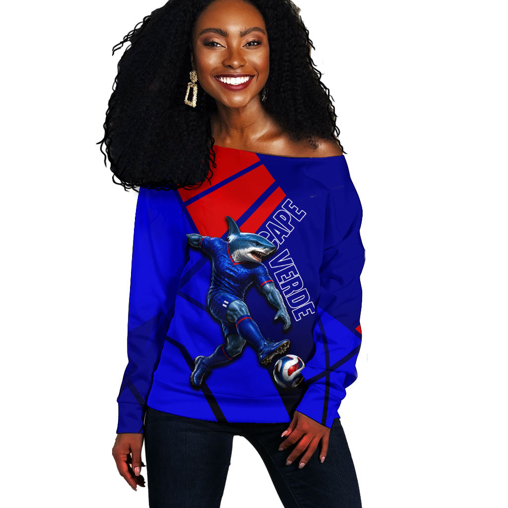 Personalized Cape Verde Soccer Shark Mascot Off Shoulder Sweater Blue Sharks Football Player Dynamic Graphic
