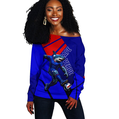 Personalized Cape Verde Soccer Shark Mascot Off Shoulder Sweater Blue Sharks Football Player Dynamic Graphic
