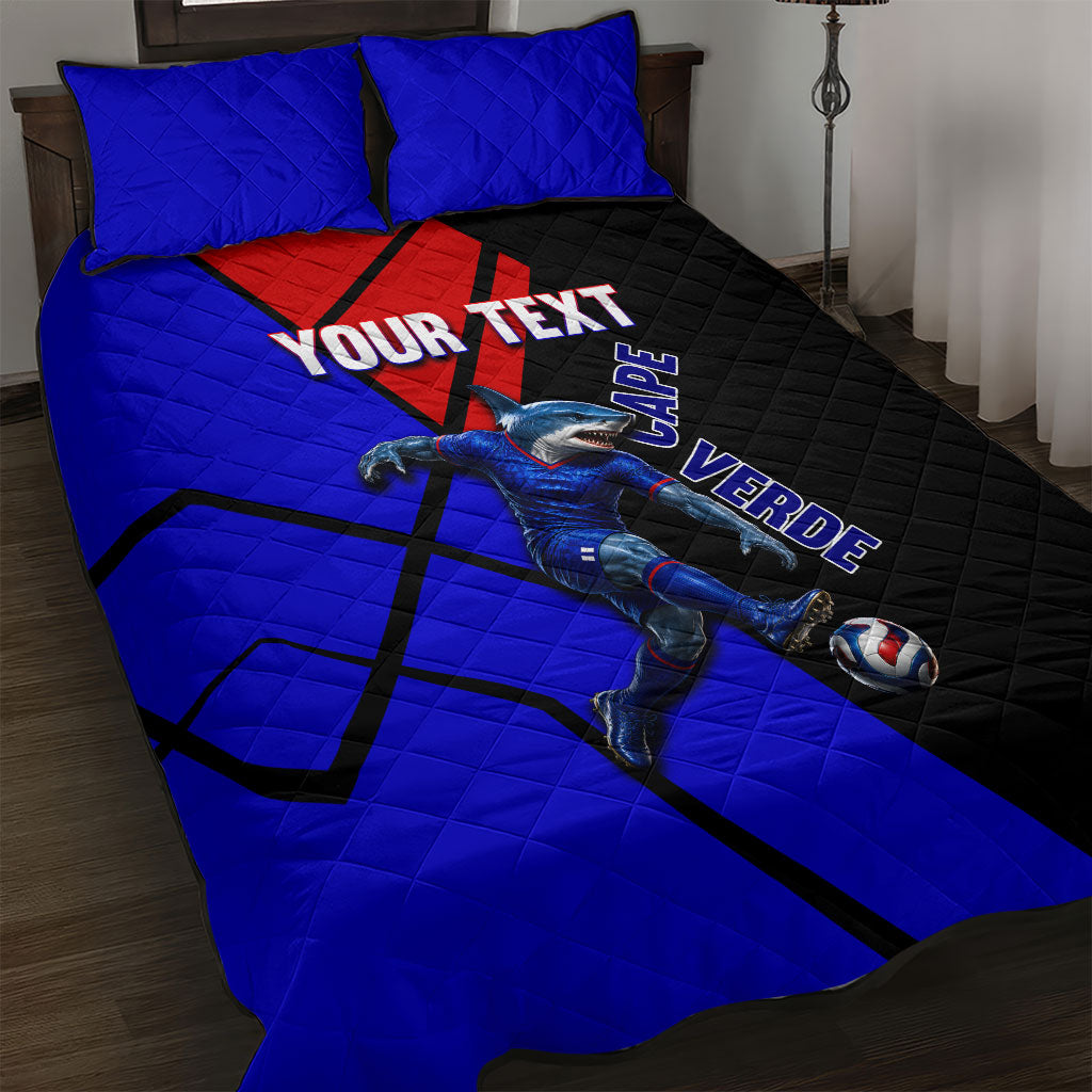 Personalized Cape Verde Soccer Shark Mascot Quilt Bed Set Blue Sharks Football Player Dynamic Graphic