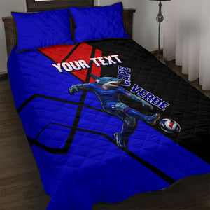 Personalized Cape Verde Soccer Shark Mascot Quilt Bed Set Blue Sharks Football Player Dynamic Graphic