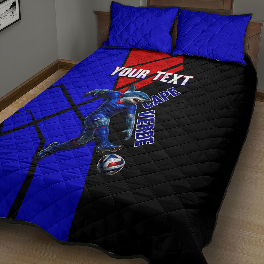 Personalized Cape Verde Soccer Shark Mascot Quilt Bed Set Blue Sharks Football Player Dynamic Graphic