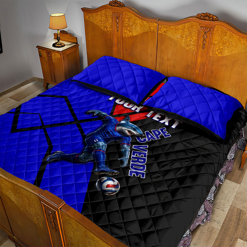 Personalized Cape Verde Soccer Shark Mascot Quilt Bed Set Blue Sharks Football Player Dynamic Graphic