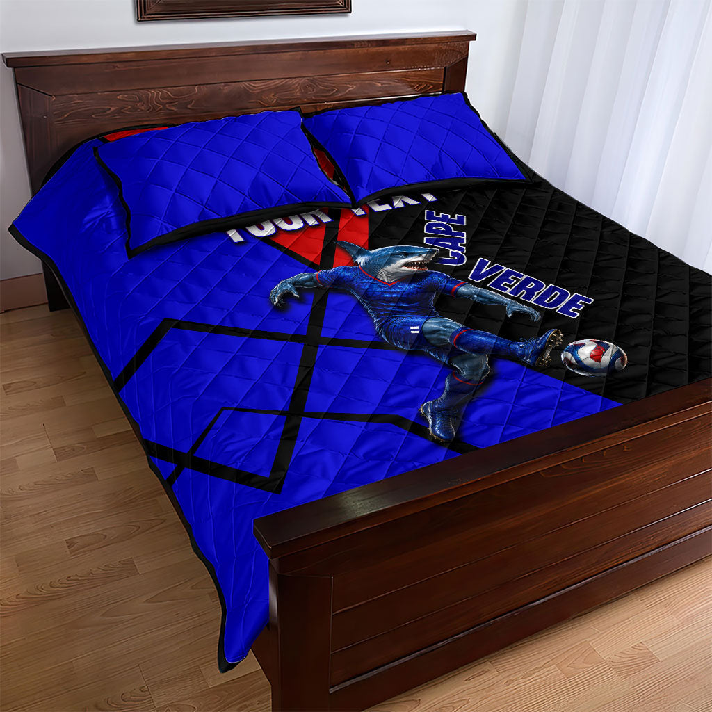 Personalized Cape Verde Soccer Shark Mascot Quilt Bed Set Blue Sharks Football Player Dynamic Graphic