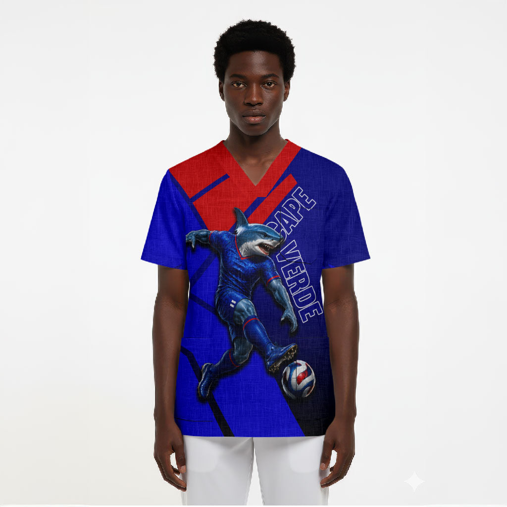 Personalized Cape Verde Soccer Shark Mascot Scrub Top Blue Sharks Football Player Dynamic Graphic