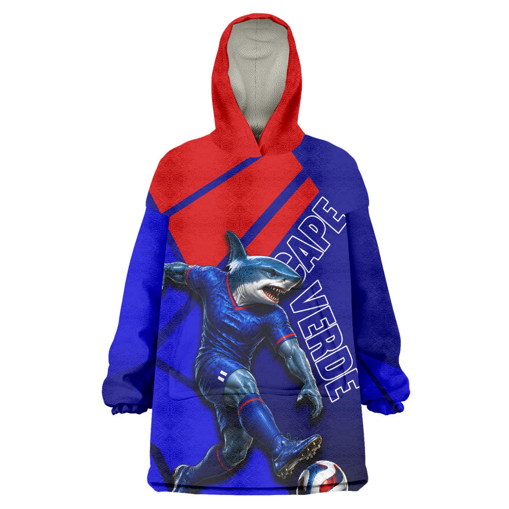 Personalized Cape Verde Soccer Shark Mascot Wearable Blanket Hoodie Blue Sharks Football Player Dynamic Graphic